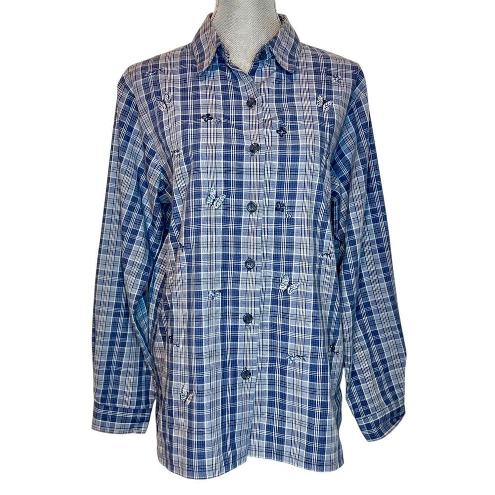 Vintage BonWorth Blue Plaid Button-Up Shirt with Embroidered Butterflies